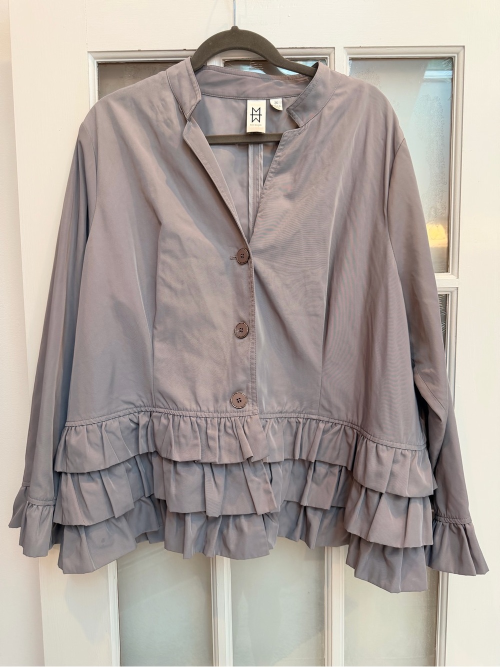 Marc Bouwer Chic Romantic Feminine Ruffled Gray Button-Front Jacket Plus Size 2X